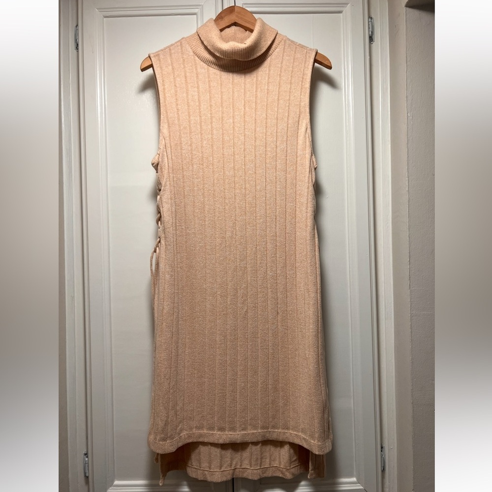 Anthropologie Sleeveless Turtleneck Long Tunic Top Stretch Size Large Tan Peach